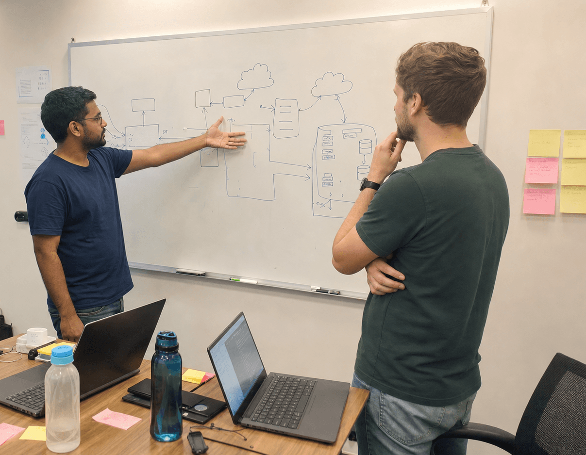 Rakeezah team mapping ideas at a whiteboard
